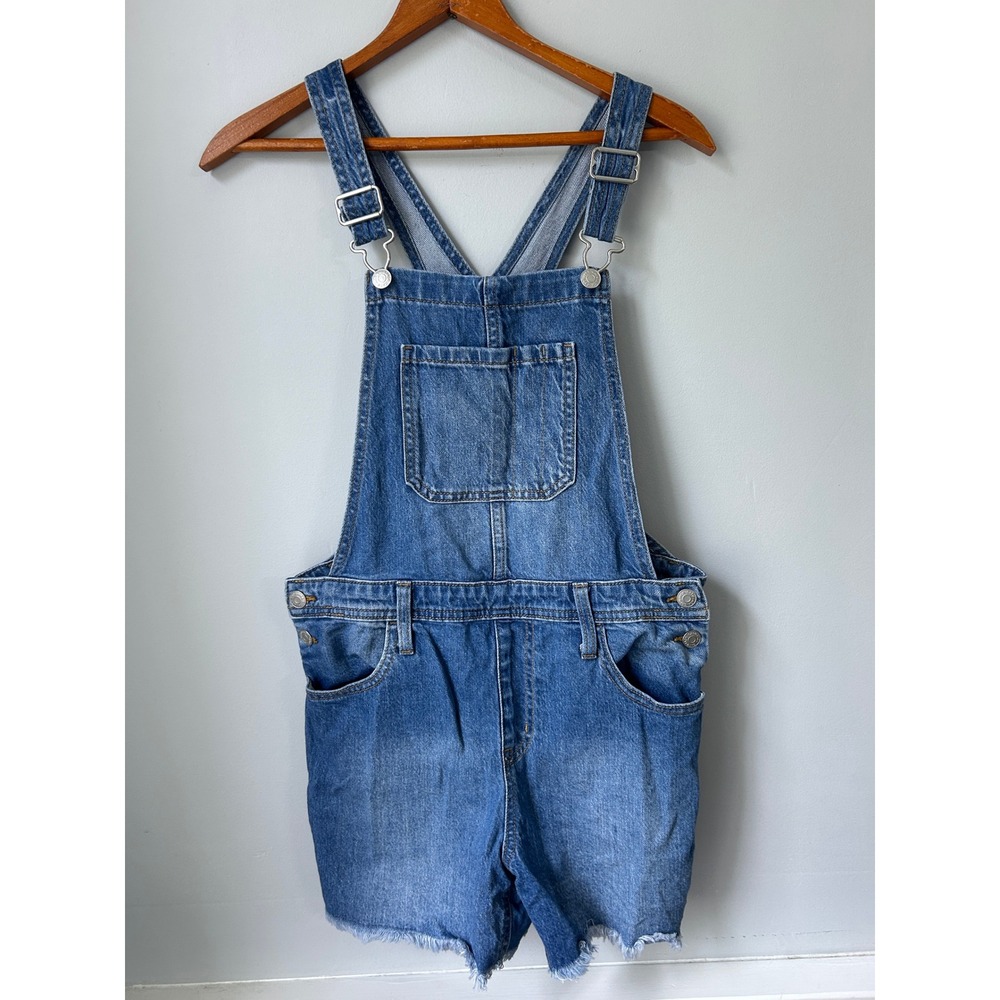 Cat & Jack Girls XL 14 Denim Shortalls Medium Wash Frayed Hem Stretch Overalls